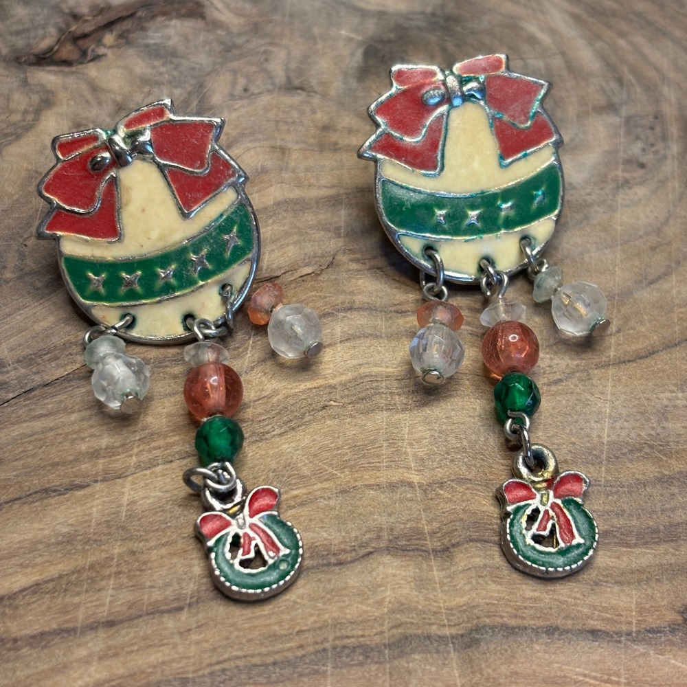 Vintage Christmas Ornament Wreath Dangle Drop Earrings